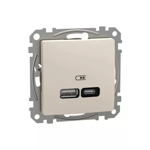 Schneider Electric SDD112405 Dupla USB töltő A+C típusú 3A - 21W, bézs burkolattal, keret nélkül, csavaros bekötés (Sedna Design / Elements)