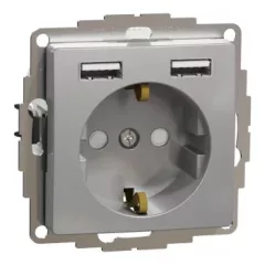   Schneider Electric SDD113052 2P+F csatlakozóaljzat biztonsági zsaluval (gyermekvédelemmel), dupla A+A USB töltővel, alumínium burkolattal, keret nélkül, 16A 250V AC, rugós bekötés (Sedna Design / Elements)