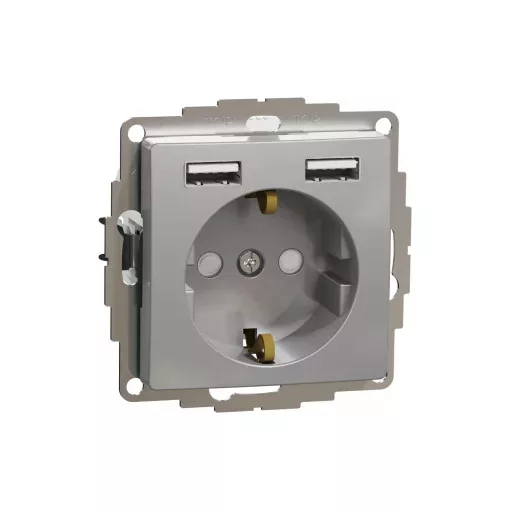 Schneider Electric SDD113052 2P+F csatlakozóaljzat biztonsági zsaluval (gyermekvédelemmel), dupla A+A USB töltővel, alumínium burkolattal, keret nélkül, 16A 250V AC, rugós bekötés (Sedna Design / Elements)