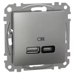   Schneider Electric SDD113405 Dupla USB töltő A+C típusú 3A - 21W, alumínium burkolattal, keret nélkül, csavaros bekötés (Sedna Design / Elements)