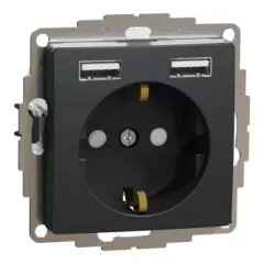   Schneider Electric SDD114052 2P+F csatlakozóaljzat biztonsági zsaluval (gyermekvédelemmel), dupla A+A USB töltővel, antracit burkolattal, keret nélkül, 16A 250V AC, rugós bekötés (Sedna Design / Elements)