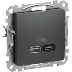   Schneider Electric SDD114404 Dupla USB töltő A+C típusú 3A - 45W, antracit burkolattal, keret nélkül, csavaros bekötés (Sedna Design / Elements)