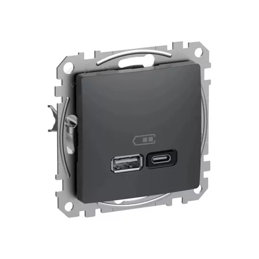 Schneider Electric SDD114404 Dupla USB töltő A+C típusú 3A - 45W, antracit burkolattal, keret nélkül, csavaros bekötés (Sedna Design / Elements)