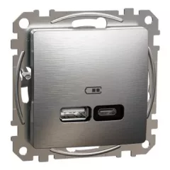   Schneider Electric SDD170405U Dupla USB töltő A+C típusú 3A - 21W, szálcsiszolt alumínium burkolattal, keret nélkül, csavaros bekötés (Sedna Design / Elements)