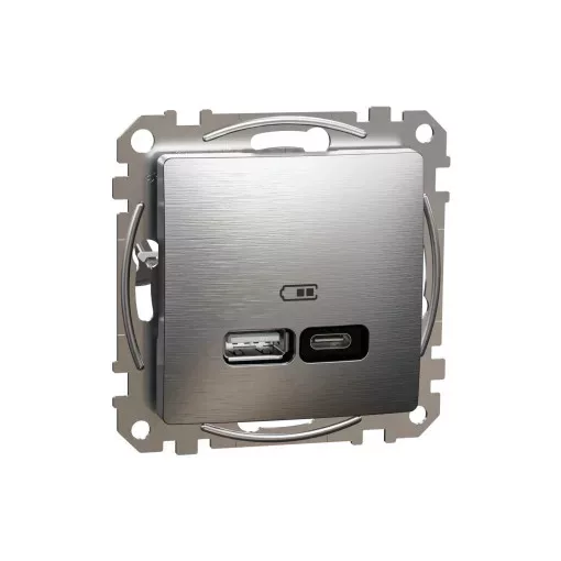 Schneider Electric SDD170405U Dupla USB töltő A+C típusú 3A - 21W, szálcsiszolt alumínium burkolattal, keret nélkül, csavaros bekötés (Sedna Design / Elements)
