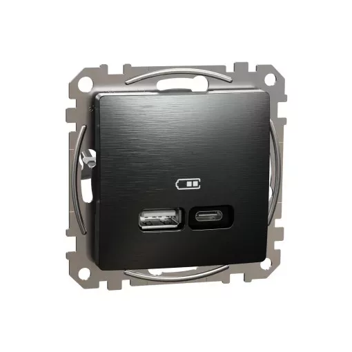 Schneider Electric SDD172405U Dupla USB töltő A+C típusú 3A - 21W, szálcsiszolt titánium burkolattal, keret nélkül, csavaros bekötés (Sedna Design / Elements)