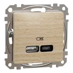  Schneider Electric SDD180405U Dupla USB töltő A+C típusú 3A - 21W, nyír burkolattal, keret nélkül, csavaros bekötés (Sedna Design / Elements)