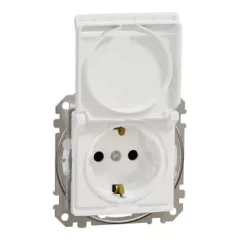   Schneider Electric SDD211023 vízmentes földelt csatlakozóaljzat (dugalj), biztonsági zsaluval (gyermekvédelemmel), csapófedéllel, 2P+F, fehér burkolattal, csavaros bekötés, keret nélkül, süllyesztett, 16A 250V IP44 (Sedna Design / Elements)