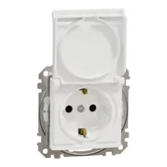   Schneider Electric SDD211024 vízmentes földelt csatlakozóaljzat (dugalj), biztonsági zsaluval (gyermekvédelemmel), csapófedéllel, 2P+F, fehér burkolattal, rugós bekötés, keret nélkül, süllyesztett, 16A 250V IP44 (Sedna Design / Elements)