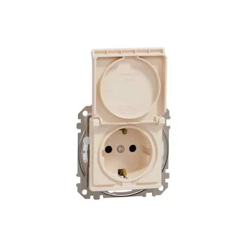 Schneider Electric SDD212024 vízmentes földelt csatlakozóaljzat (dugalj), biztonsági zsaluval (gyermekvédelemmel), csapófedéllel, 2P+F, bézs burkolattal, rugós bekötés, keret nélkül, süllyesztett, 16A 250V IP44 (Sedna Design / Elements)