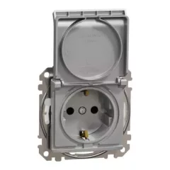   Schneider Electric SDD213023 vízmentes földelt csatlakozóaljzat (dugalj), biztonsági zsaluval (gyermekvédelemmel), csapófedéllel, 2P+F, alumínium burkolattal, csavaros bekötés, keret nélkül, süllyesztett, 16A 250V IP44 (Sedna Design / Elements)