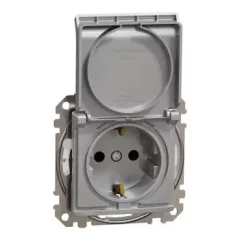   Schneider Electric SDD213024 vízmentes földelt csatlakozóaljzat (dugalj), biztonsági zsaluval (gyermekvédelemmel), csapófedéllel, 2P+F, alumínium burkolattal, rugós bekötés, keret nélkül, süllyesztett, 16A 250V IP44 (Sedna Design / Elements)