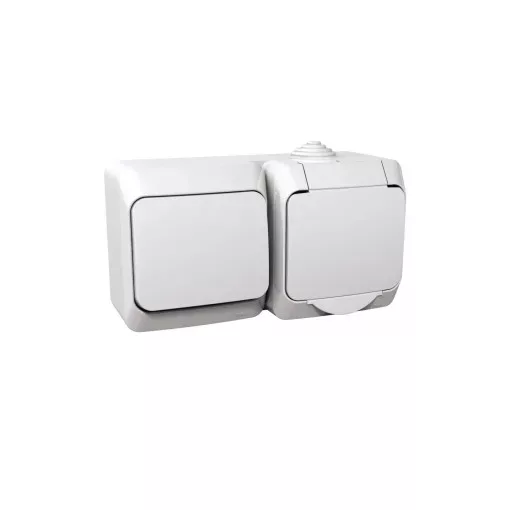 Schneider Electric Cedar Plus WDE000500 IP44 vízmentes kombináció, földelt csatlakozóaljzat (dugalj), csapófedéllel, 2P+F + egypólusú kapcsoló (101), fehér színben, komplett szerelvény, falon kívül, vízmentes (IP44) 16A 250 ( WDE000500 ).