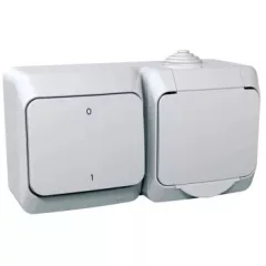   Schneider Electric Cedar Plus WDE000502 IP44 vízmentes kombináció, földelt csatlakozóaljzat (dugalj), csapófedéllel, 2P+F fehér színben, + kétpólusú kapcsoló (102), fehér színben, komplett szerelvény, falon kívül, vízmentes (IP44) 16A 250.