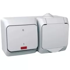   Schneider Electric Cedar Plus WDE000503 IP44 vízmentes kombináció, földelt csatlakozóaljzat (dugalj), csapófedéllel, 2P+F + kétpólusú jelzőfényes kapcsoló (102), fehér színben, komplett szerelvény, falon kívül, vízmentes (IP44) 16A 250 ( WDE000503 ).