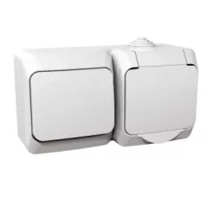   Schneider Electric Cedar Plus WDE000504 IP44 vízmentes kombináció, földelt csatlakozóaljzat (dugalj), csapófedéllel, 2P+F fehér színben, + váltókapcsoló (106), fehér színben, komplett szerelvény, falon kívül, vízmentes (IP44) 16A 250 ( WDE000504 ).