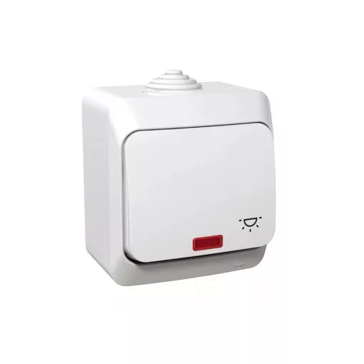 Schneider Electric Cedar Plus WDE000516 IP44 vízmentes egypólusú nyomó (N101), fehér, komplett szerelvény, falon kívüli, lámpajellel, jelzőfénnyel, vízmentes (IP44) 16A 250V ( WDE000516 ).