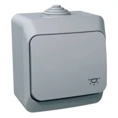   Schneider Electric Cedar Plus WDE000613 IP44 vízmentes egypólusú nyomó (N101), szürke, komplett szerelvény, falon kívüli, lámpajellel, vízmentes (IP44) 16A 250V ( WDE000613 ).