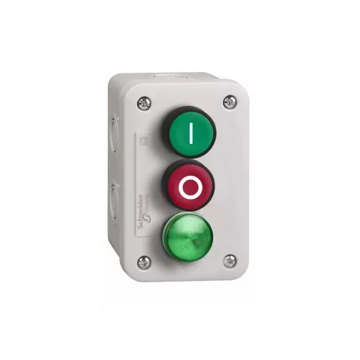 Schneider Electric XALE33V1M Harmony XALE tokozott nyomógomb állomás, 1 zöld "I", 1 piros "O", 1 zöld LED, 230VAC