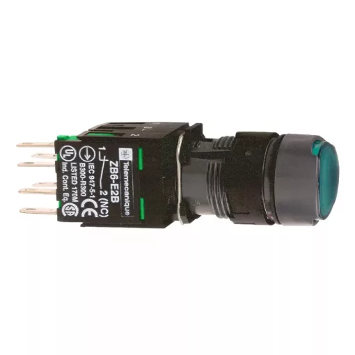 Schneider XB6AF3B1B komplett világító nyomógomb beépített LED-del zöld, 12..24V AC/DC 1 záró érintkező, reteszelő (Harmony XB6AF3B1B)