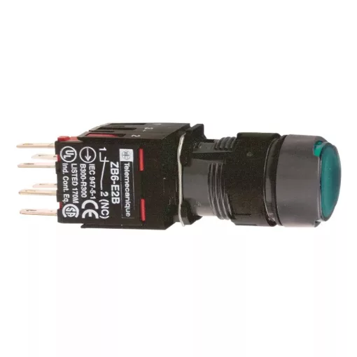 Schneider XB6AW3B1B komplett világító nyomógomb beépített LED-del zöld, 12..24V AC/DC 1 záró érintkező, visszatérő (Harmony XB6AW3B1B)