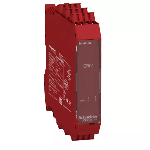 Schneider Electric XPSMCMER0004G Preventa XPS MCM biztonsági vezérlő, biztonsági relé kimeneti modul, 2 kimenet 4 relével, rugós