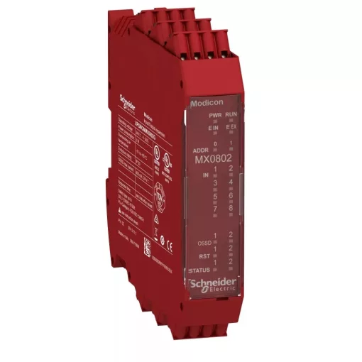 Schneider Electric XPSMCMMX0802G Preventa XPS MCM biztonsági vezérlő, biztonsági bővítő I/O modul, 8DI+2DO (+start/reset/teszt/státusz), rugós