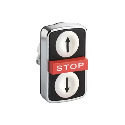 Schneider ZB4BA71124 Harmony fém kettősfejű nyomógomb fej, Ø22, visszatérő, 1-1 fehér/fekete fel/le nyíl nyomógomb, piros kiemelkedő STOP