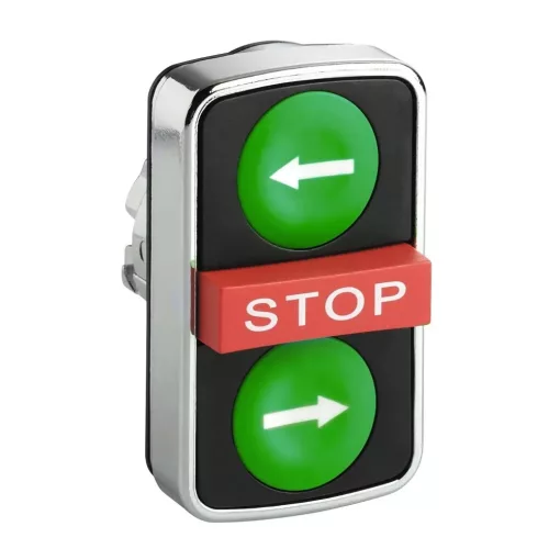 Schneider ZB4BA73133 Harmony fém kettősfejű nyomógomb fej, Ø22, visszatérő, 1-1 zöld jobb/bal nyíl nyomógomb, piros kiemelkedő STOP gomb