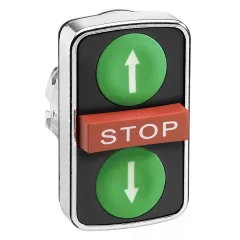   Schneider ZB4BA73134 Harmony fém kettősfejű nyomógomb fej, Ø22, visszatérő, 1-1 zöld fel/le nyíl nyomógomb, piros kiemelkedő STOP gomb