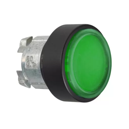 Schneider ZB4BP3837 Harmony fém nyomógomb fej, Ø22, visszatérő, védőmembrán, betehető címke, zöld, fekete perem