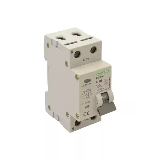 Tracon EVOK2C4003 Áramvédős kismegszakító (Kombi Fi-relé) 1P+N, C karakterisztika, 40A, 30mA, 4,5kA, AC osztály, 2 modul