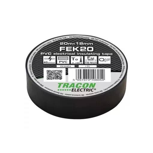 Tracon FEK20 (250db/karton), szigetelőszalag, fekete, 20 m x 18 mm, PVC, 0-90°C Tracon (FEK20)