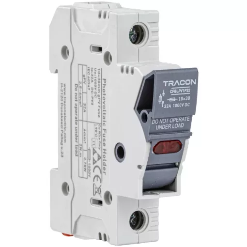 Tracon CFBLPV1P32 Szakaszolókapcsoló-biztosító hengeres bizt.hoz, PV 32A, 10×38, Un=1000VDC, Ui=6kV, 20kA, DC-PV0, IP20, 1P, LED
