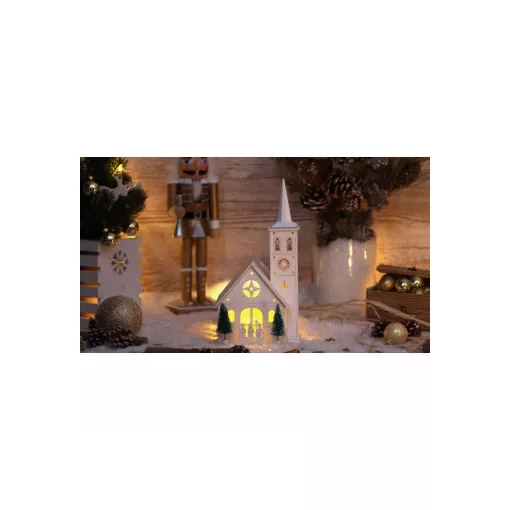Tracon CHRWHCHW4WW LED karácsonyi templom, fa, fehér, elemes Timer 6+18h,4LED, meleg fehér ( 3000K ) színhőmérséklettel, 3xAA ( CHRWHCHW4WW )