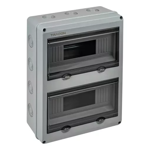 Tracon EDFKIP65U122 Falon kívüli elosztódoboz, átlátszó ajtóval, N/PE sínnel 2×12 mod, H×W×D=356.16×275.51×106.2mm, IP65,1000VAC,1500 VDC