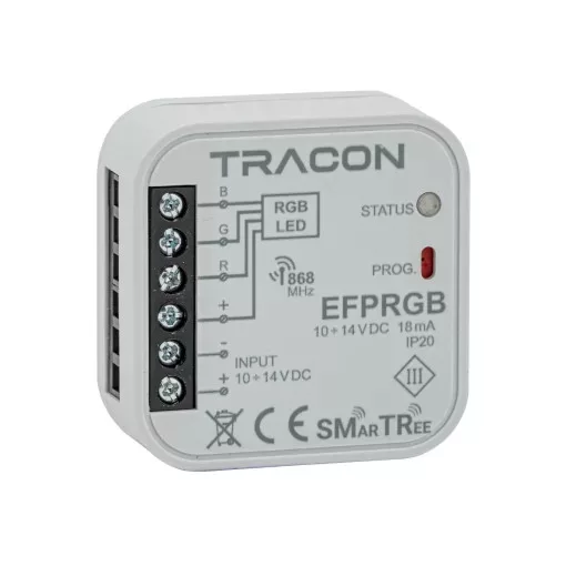 Tracon EFPRGB Rádiós RGB vezérlő, szerelvénydobozba,3 csatornás,EFC-01-hez 10-14 VDC, 250 W, 868.32 MHz