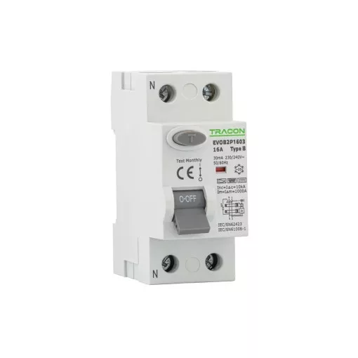 Tracon EVOB2P1603 Áram-védőkapcsoló, 2 pólusú 16A, 30mA, 10kA, B