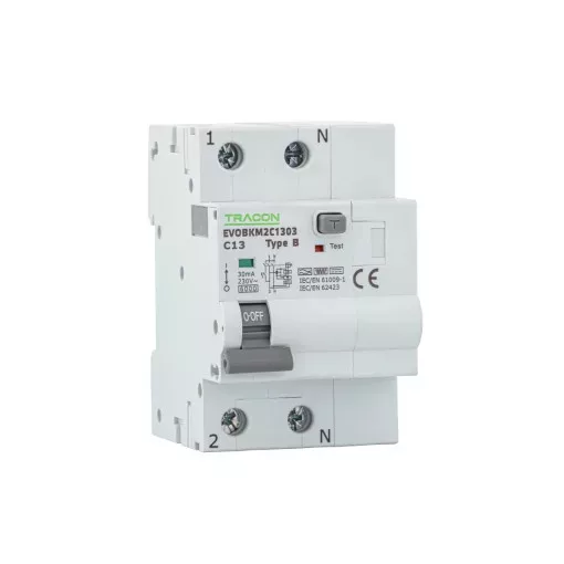 Tracon EVOBKM2B2503 Kombinált védőkapcsoló, 2P, 3modul, B karakterisztika B25A, 30 mA, 6kA, B