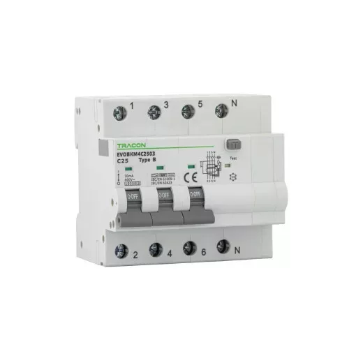 Tracon EVOBKM4B2003 Kombinált védőkapcsoló, 4P, 5modul, B karakterisztika B20A, 30 mA, 6kA, B