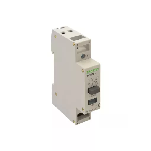 Tracon EVOPBL, Moduláris nyomógomb, jelzőfénnyel 230V, 50Hz, 1NO+1NC, LED, Ith:16A, AC-14, Ie:6A