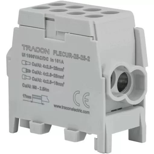 Tracon FLECUR-25-25-2 Főáramköri leágazó kapocs,sínre,szürke,engedélyes 2.5-25mm2, max. 1000VAC/DC, max.101A