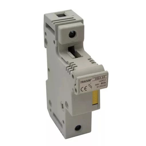 Tracon HBA-1P-50, Szakaszolókapcsoló-biztosító hengeres bizt.hoz, maszkolható 50A, 14x51mm; Un=230V/400V