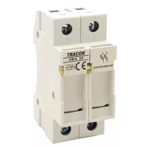 Tracon HBA-2P-20, Szakaszolókapcsoló-biztosító hengeres bizt.hoz, maszkolható 20A, 8x32mm; Un=230V/400V