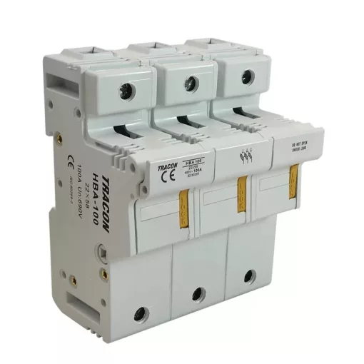 Tracon HBA-3P-100, Szakaszolókapcsoló-biztosító hengeres bizt.hoz, maszkolható 100A, 22x58mm; Un=230V/400V