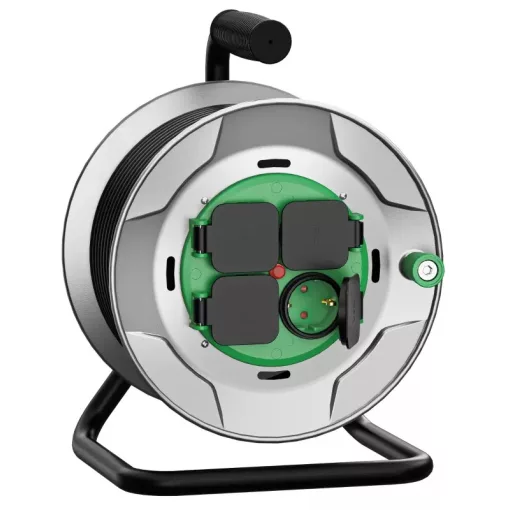 Tracon KDHM25IP Kábeldobos hosszabbító, fémvázzal 4xSCHUKO, 25m, 250V AC, 16A, 3x2,5mm2, H07RN-F, IP44