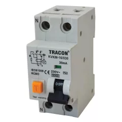   Tracon KVKM-6/030, Kombinált védőkapcsoló, 2P, 2 modul, C karakterisztika 6A, 30 mA, 6kA, AC
