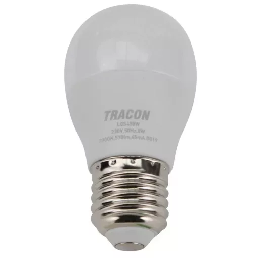Tracon LGS458W, Gömb burájú LED fényforrás SAMSUNG chippel 230V,50Hz,8W,3000K,E27,570lm,180°,G45,SAMSUNG chip,