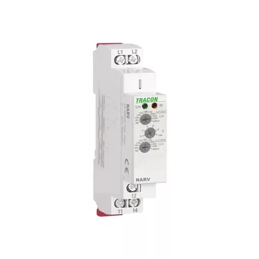 Tracon NARV1 Feszültségfigyelő relé 1 fázisra AC/DC 110-240V, U> U< = 65-260V, t=0,1-10s