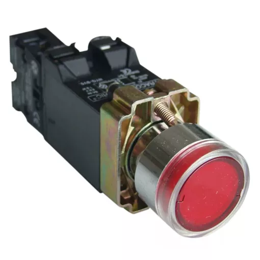 Tracon NYGBW3451P Világító nyomógomb, fémalap, trafóval,piros,glim,izzó nélk. 1×NC, 3A/400V AC, 6V, IP42